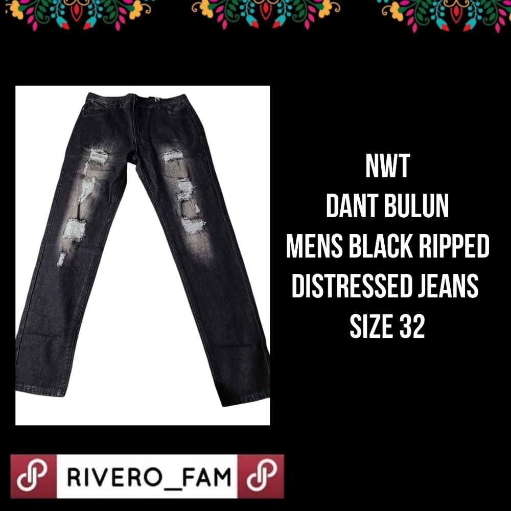 NWT | DANT BULUN | MENS BLACK RIPPED DISTRESSED JEANS | SIZE 32